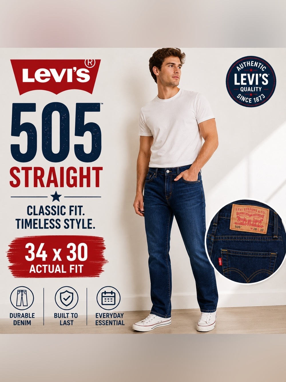Levi’s 505 Straight Jeans Men’s 34x30 Dark Wash Classic Fit Denim - Picture 1 of 10